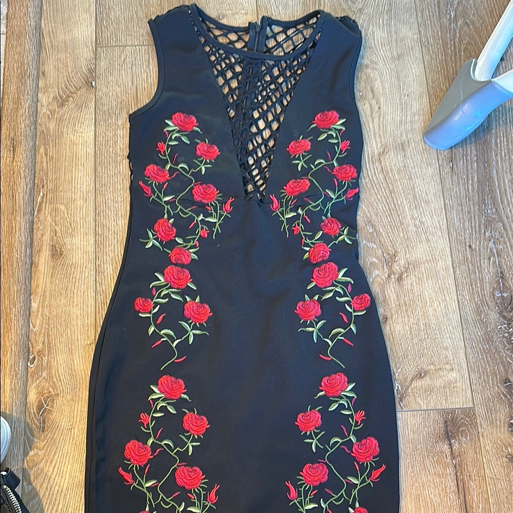 Elegant Black Dress with Red Floral Embroidery